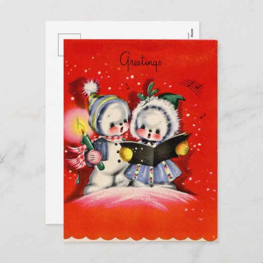 レトロな年代物のクリスマス·スノーの子供たちが歌い歌う シーズンポストカード (正面/裏面)