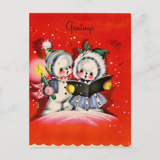 レトロな年代物のクリスマス·スノーの子供たちが歌い歌う シーズンポストカード (正面)
