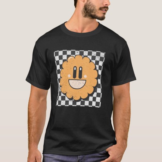 レトロな幸せな顔の市松模様 笑顔 Tシャツ (正面)