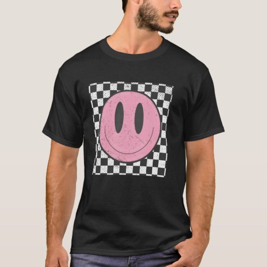 レトロな幸せ顔市松模様スマイルフェイス Tシャツ (正面)