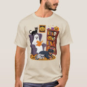 レトロな幽霊が黒猫タヌキと本を読む Tシャツ (正面)