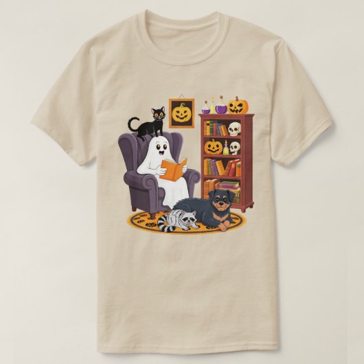 レトロな幽霊が黒猫タヌキと本を読む Tシャツ (デザイン正面)