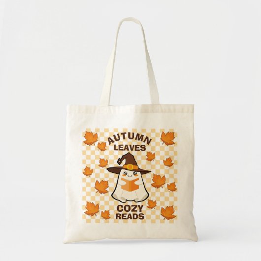 レトロな幽霊と秋の葉のあったか読書　ハロウィン トートバッグ (正面)