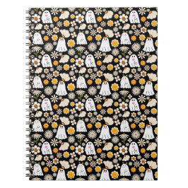 レトロな幽霊の花 ハロウィン シームレス パターン ノートブック