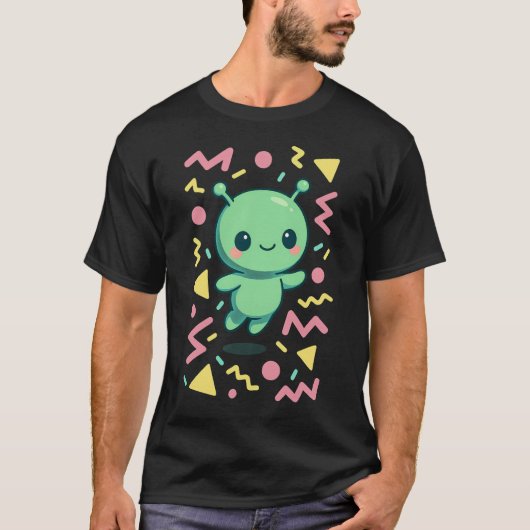 レトロな幾何学模様に囲まれたかわいいエイリアン Tシャツ (正面)
