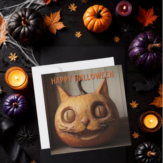 レトロな彫刻の猫のジャック・オ・ランタン・ハロウィン シーズンカード