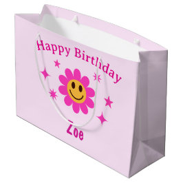 レトロな微笑み ピンクの花の女の子 誕生日 ラージペーパーバッグ