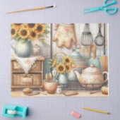 レトロな急須とひまわりが描かれたキッチンの水彩画 薄葉紙 (クラフト)