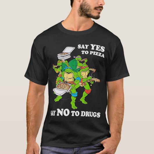 レトロな愛 ニンジャートルズ カートゥーン ピザはイエソ ドラッグは嫌 Tシャツ (正面)