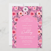 レトロな感じのグルーヴィーなホットピンクと白の花 招待状 (正面)