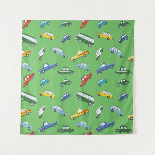 レトロな手描きのかわいい車を使ったシームレスな模様 タペストリー (正面)