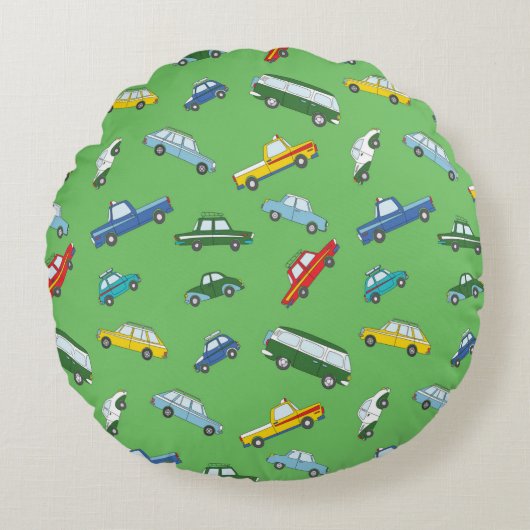 レトロな手描きのかわいい車を使ったシームレスな模様 ラウンドクッション (正面)