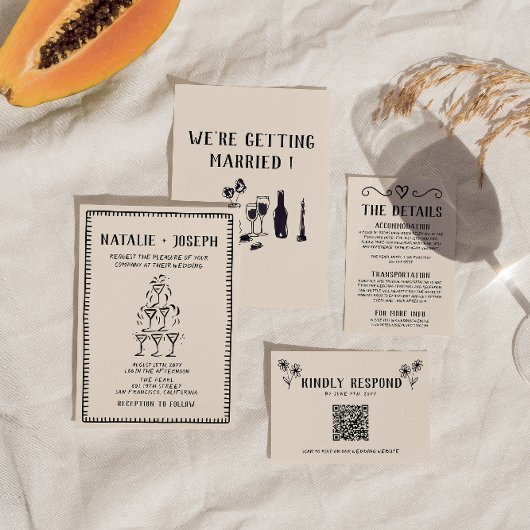 レトロな手描きのシャンパンタワー オールドマネー ウェディング 招待状