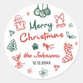 レトロな手描きのフレンズマス・クリスマス・パーティー ラウンドシール (正面)