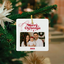 レトロな手描きの赤いリボンでメリークリスマスな写真 セラミックオーナメント