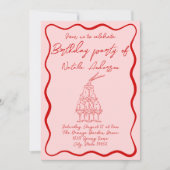 レトロな手描きの赤とピンクのウェーブ状の70年代の誕生日パーティー 招待状 (正面)