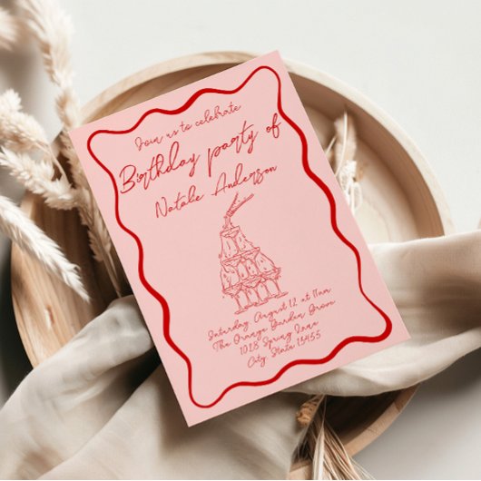 レトロな手描きの赤とピンクのウェーブ状の70年代の誕生日パーティー 招待状