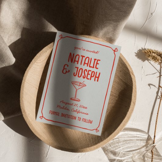 レトロな手描きの赤と青のカクテル ファンキーウェディング セーブザデート