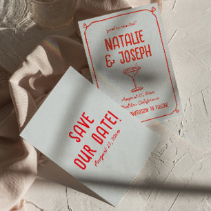 レトロな手描きの赤と青のカクテル ファンキーウェディング セーブザデート