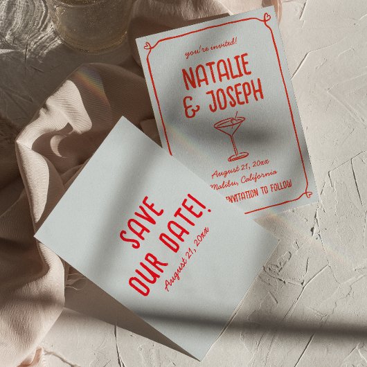 レトロな手描きの赤と青のカクテル ファンキーウェディング セーブザデート