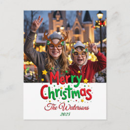 レトロな手描き風スクリプトのメリークリスマス レタープレス 写真入り ポストカード