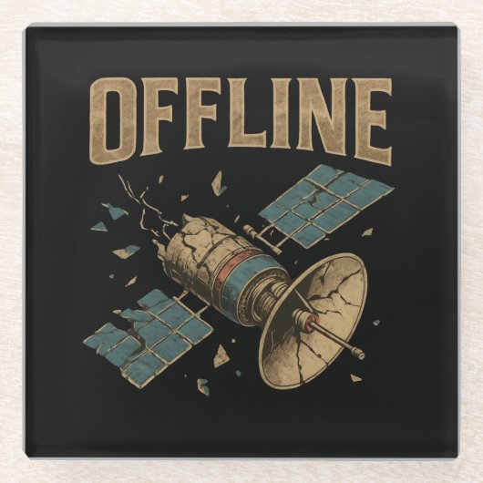 レトロな故障衛星 "OFFLINE" スペースアート ガラスコースター (正面)