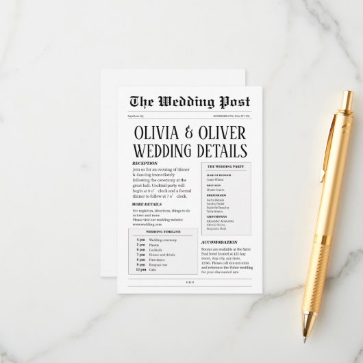 レトロな新聞スタイルの結婚式詳細カード エンクロージャーカード (正面/裏面インサイチュ)