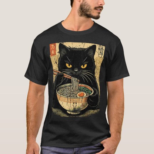 レトロな日本のラーメンネコ Tシャツ (正面)