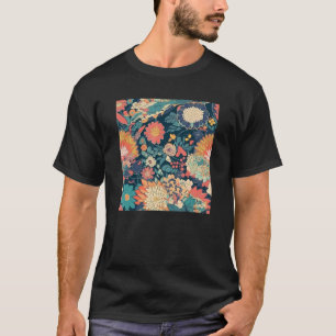 レトロな日本の花の浮世絵抽象的な花柄 Tシャツ