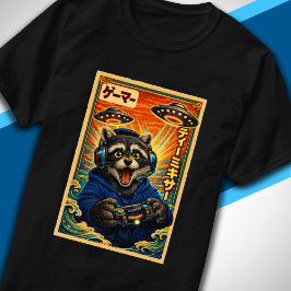 レトロな日本のUFOアライグマ面白ゲーマー Tシャツ