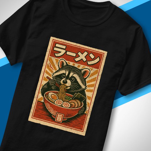レトロな日本食アート アライグマのラーメン Tシャツ