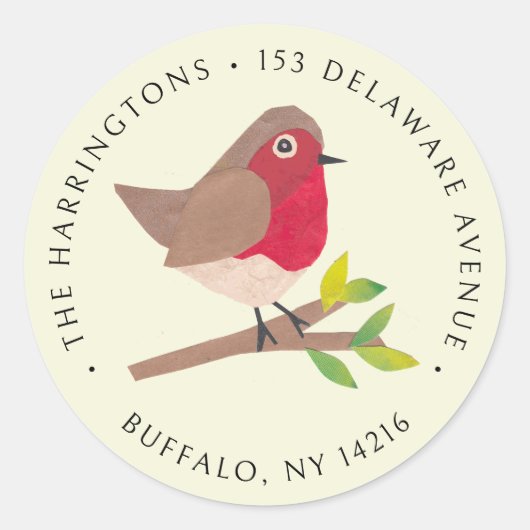 レトロな春のロビン手描き返信住所ラベル ラウンドシール (正面)