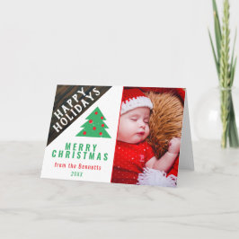 レトロな木の緑と赤の家族のクリスマス写真 シーズンカード