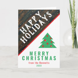 レトロな木の質感がおもしろいグリーン+レッドの家族のクリスマス+ホリデー カード