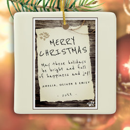 レトロな木材と古紙のクリスマスおめでとう 手書き風文字 セラミックオーナメント