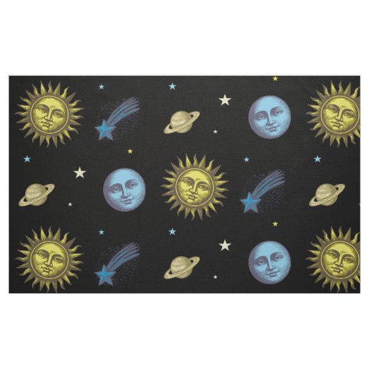 レトロな木版画風の天体アート ファブリック (ファットクウォーター)