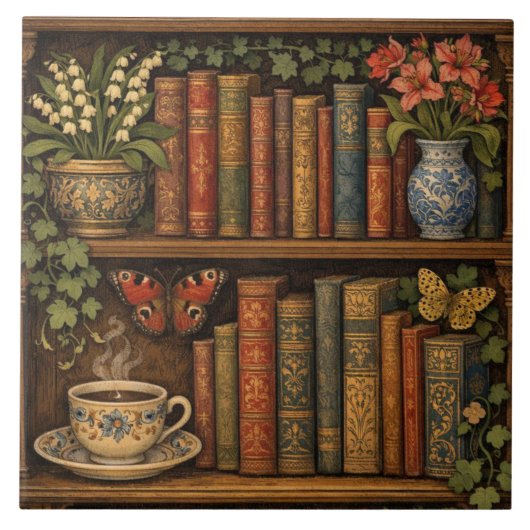 レトロな本棚と植物のイラストが可愛いコーヒー・紅茶好きのためのデザイン タイル (正面)