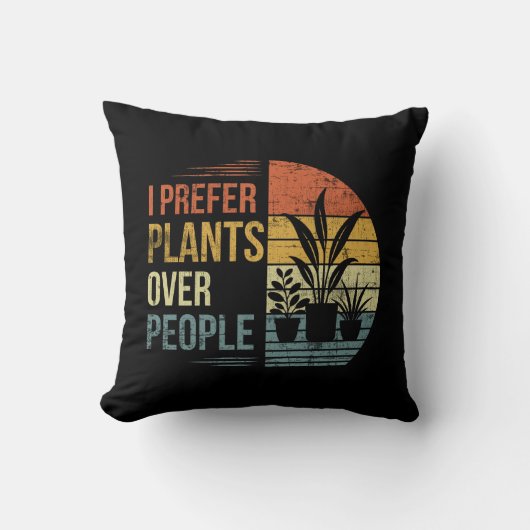 レトロな植物愛好家のための「植物が好き人間は二の次」デザイン クッション (正面)