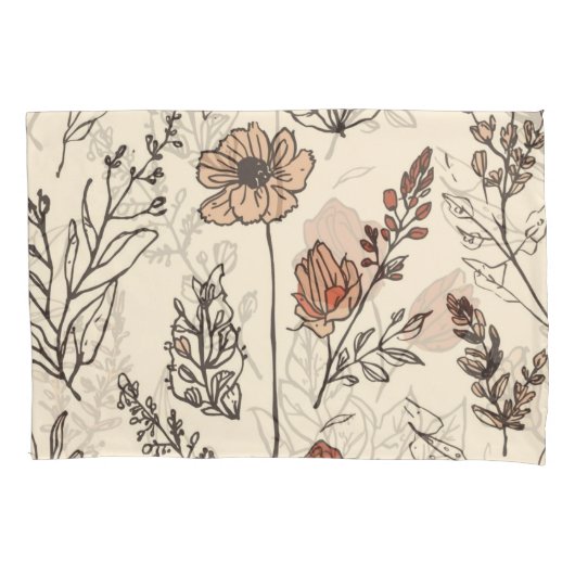 レトロな植物画風の野の花 枕カバー (正面)