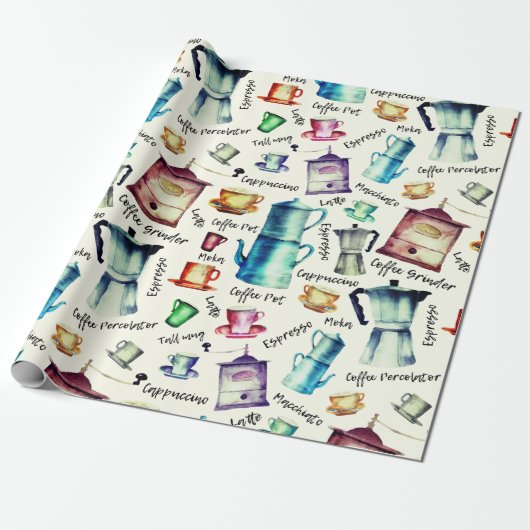 レトロな水の色のコーヒーポットカップパターン ラッピングペーパー (アンロールド)