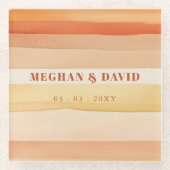 レトロな水彩ストライプ テラコッタ オレンジ ウェディング ガラスコースター (正面)