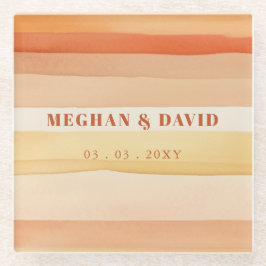 レトロな水彩ストライプ テラコッタ オレンジ ウェディング ガラスコースター