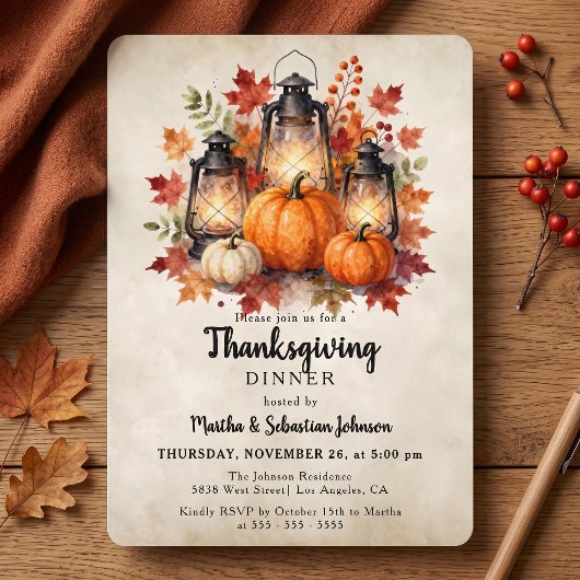 レトロな水彩ランタンのカボチャの Thanksgiving 招待状
