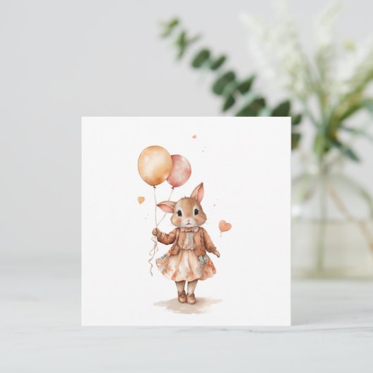 レトロな水彩画の小さなウサギの女の子と風船 招待状 (スタンド正面)