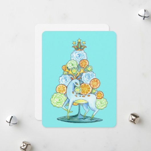 レトロな水彩画の花の木と鹿のホリデーカード シーズンカード (正面/裏面インサイチュ)