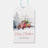 レトロな水彩画の赤いトラック 冬のクリスマス ギフトタグ (正面)