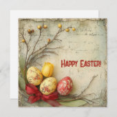 レトロな水彩画の赤と黄色のイースターエッグ シーズンカード (正面/裏面)