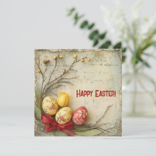 レトロな水彩画の赤と黄色のイースターエッグ シーズンカード (スタンド正面)