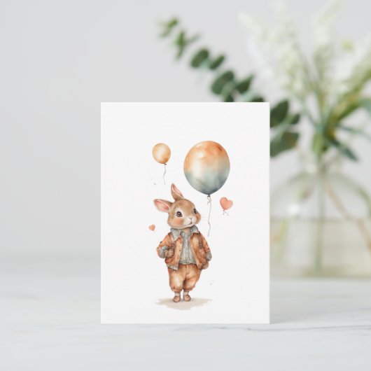 レトロな水彩画の風船を持つ小さなウサギの少年 ポストカード (スタンド正面)