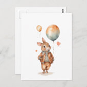 レトロな水彩画の風船を持つ小さなウサギの少年 ポストカード (正面/裏面)
